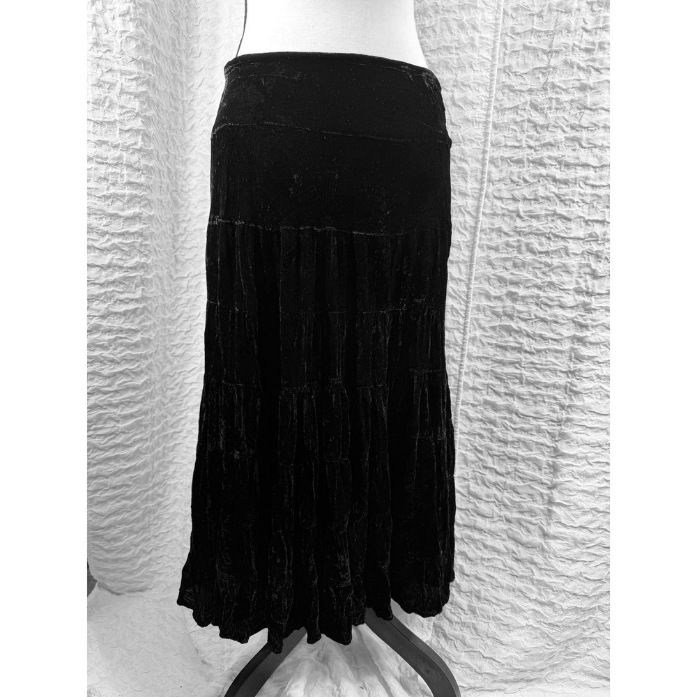 Black Crushed Velvet Tiered Maxi Skirt S Whimsigoth Witchy Fairy Grunge Vtg 90s